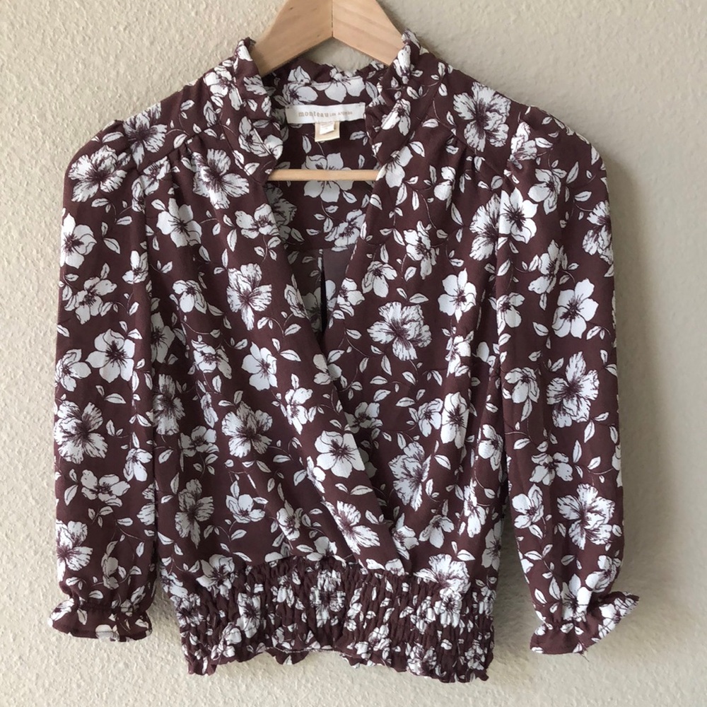 Monteau Brown & White Blouse Size S